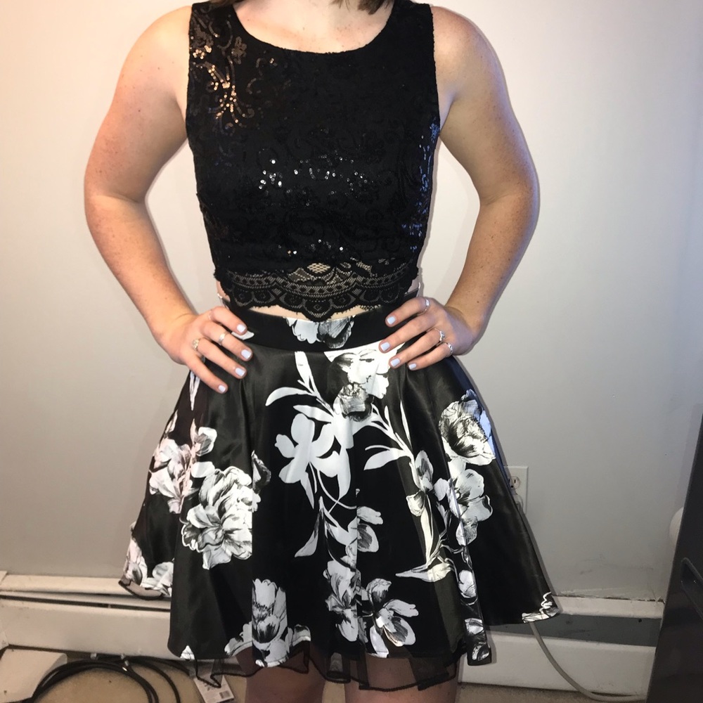 A 2-piece floral semi-formal dress